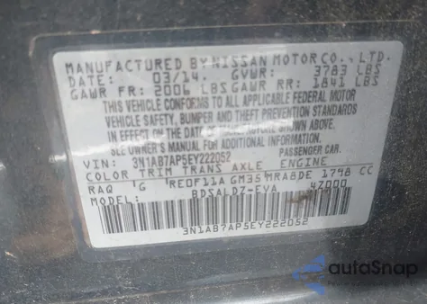 2014 Nissan Sentra Fe+ S/Fe+ Sv/S/Sl/Sr/Sv from USA, damaged, VIN 3N1AB7AP5EY222052